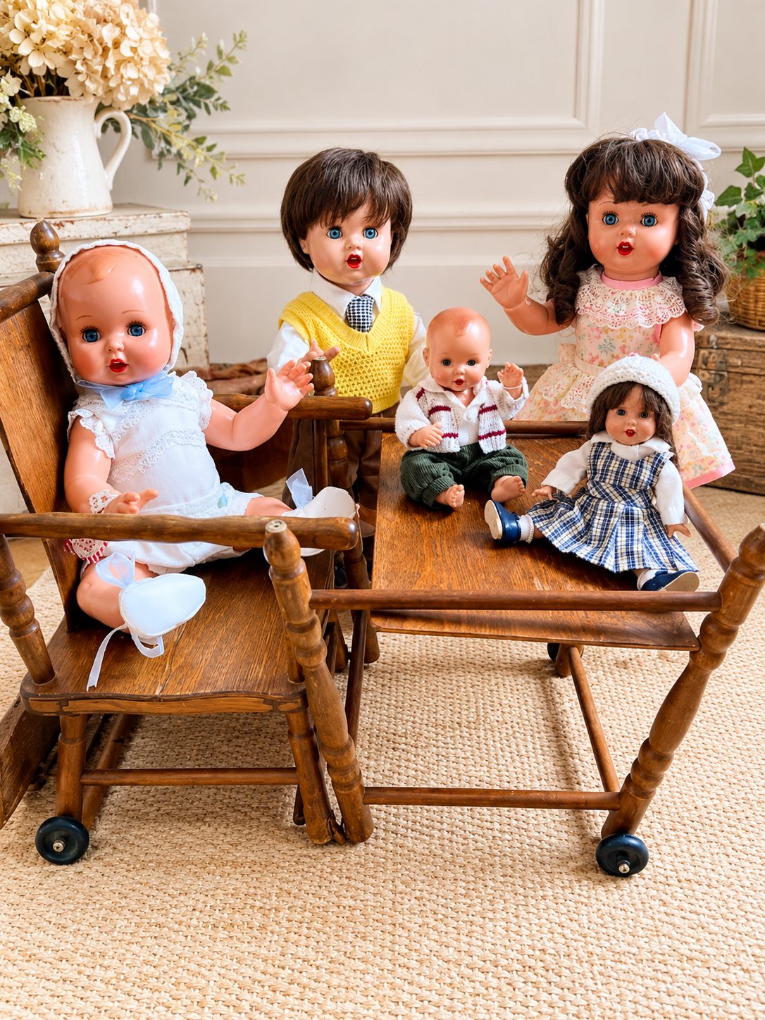 « Bonjour les cousins » — la famille Mariquita Pérez de Dominique — Les cinq cousins de Dominique, famille Mariquita Pérez : grand bébé en blanc à gauche, garçon en gilet jaune à l’arrière, grande fille en robe fleurie à droite, petit bébé en gilet rayé au centre et petite fille en robe à carreaux à l’avant, réunis sur des meubles en bois — vue 1.