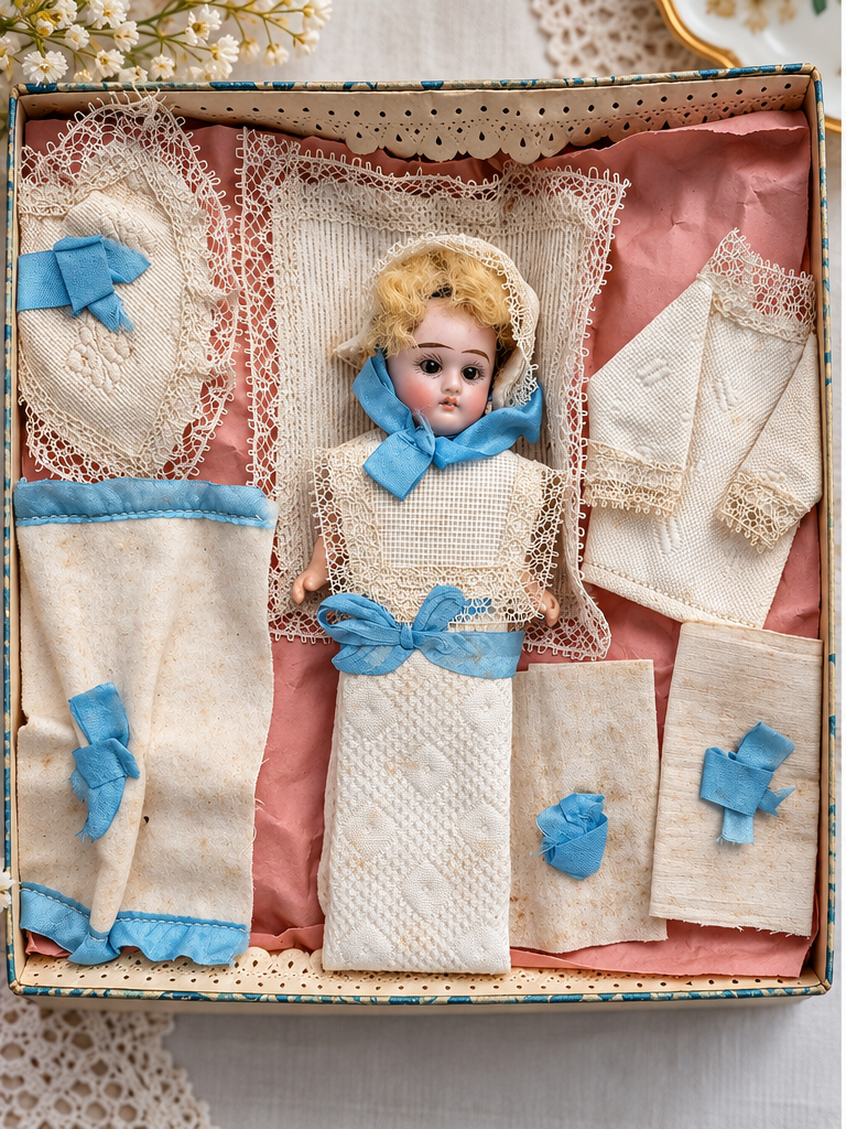 Deux coffrets de mignonnettes et leurs trousseaux, vers 1900 — collection de Mireille — Le bébé et son trousseau de naissance en coffret, linge clair et rubans bleus. Environ 6 cm, vers 1900, selon Mireille ; ensemble jamais détaché de son support d’après son témoignage — vue 1.