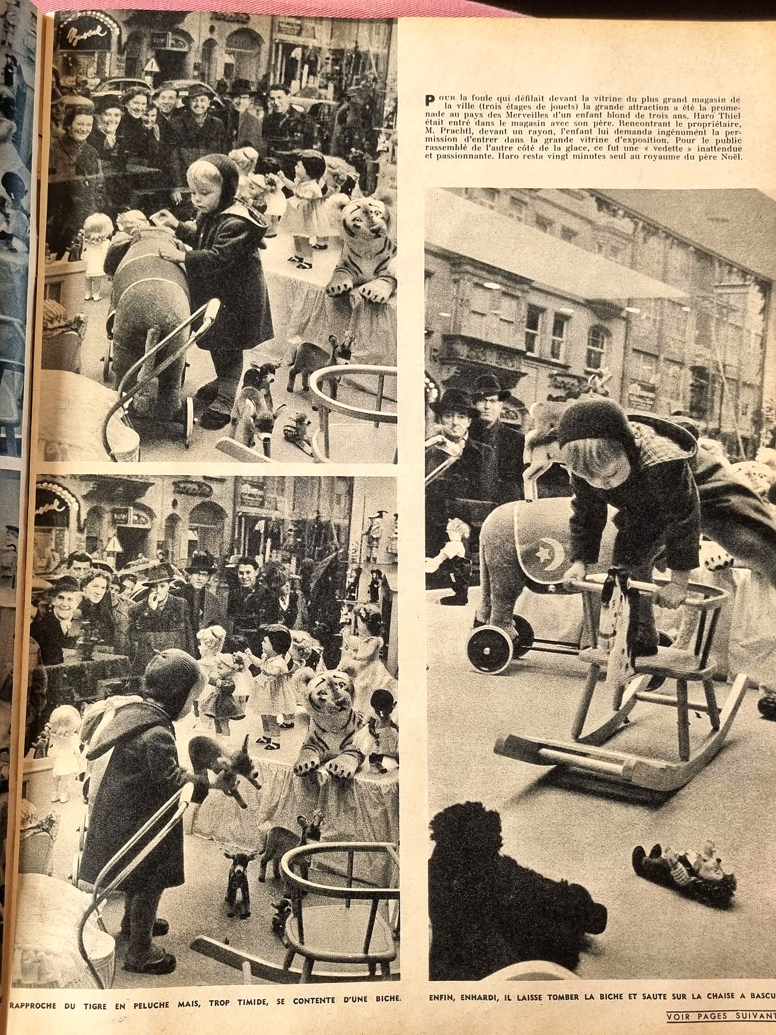 Noël 1955 à Nuremberg : les jouets dans Paris Match — archives de Chris — Suite du reportage : scènes dans la vitrine et enfant sur un siège à bascule. Paris Match n° 350 ; document partagé par Chris — vue 4.