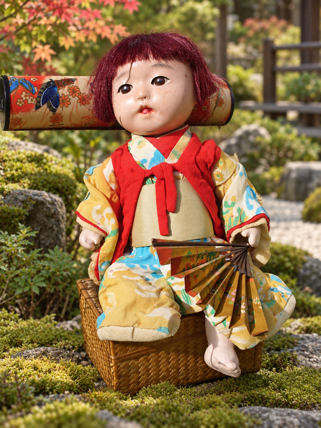 Un enfant japonais au kimono fleuri et à l’éventail — collection de Chantal — La poupée japonaise de Chantal, en kimono fleuri et gilet rouge, avec un éventail ; présentation dans un décor de jardin préparé — vue 1.