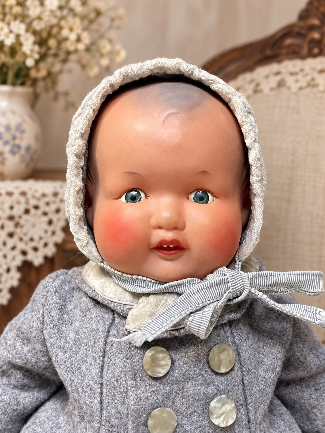 Poupon de 34 cm à tête Convert et corps bourré de paille — collection de Françoise — Portrait du poupon avec son bonnet — vue 3.