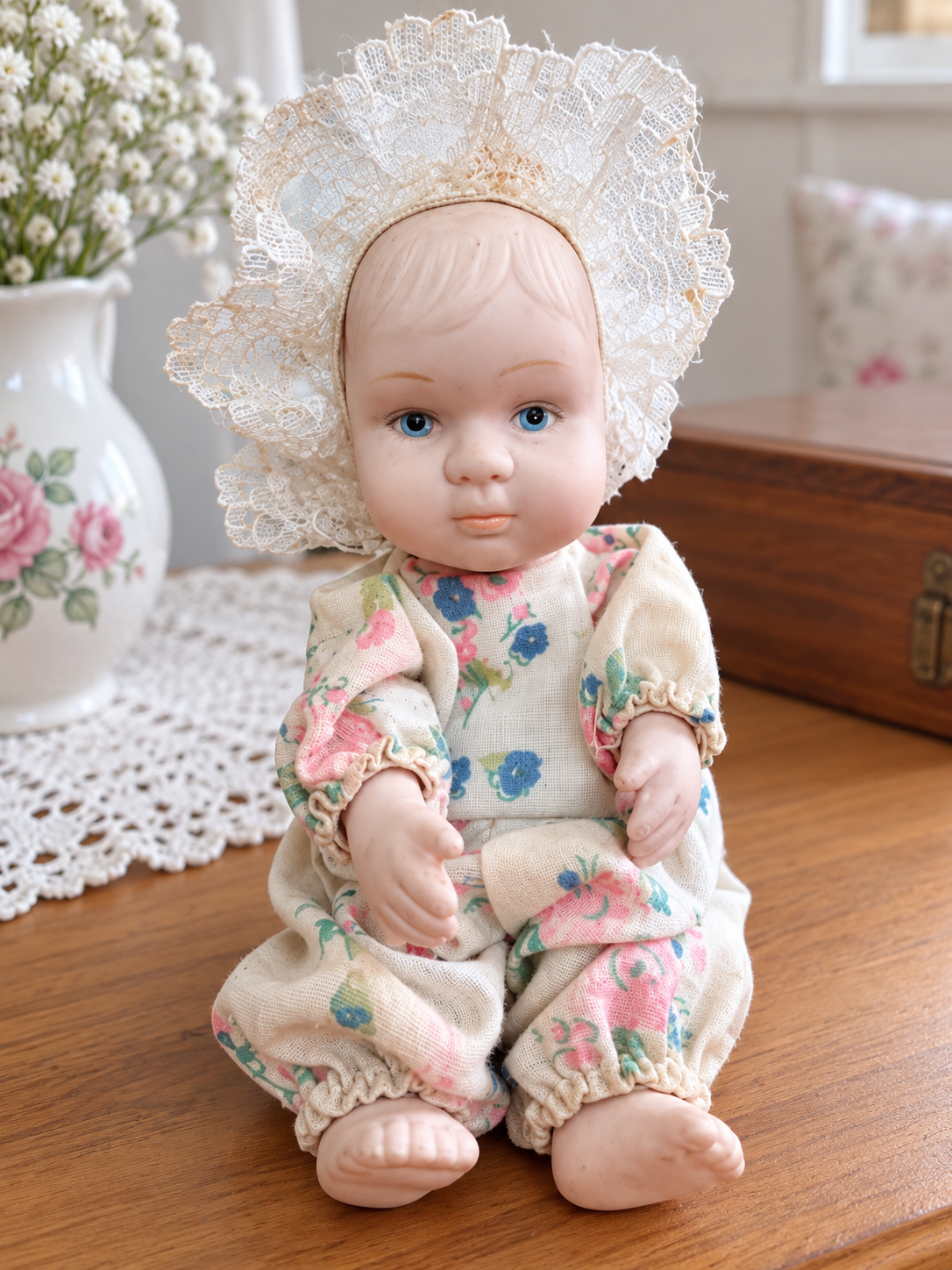 Arlette, le bébé de Patricia au bonnet de dentelle — Poupon de Patricia au bonnet de dentelle et à la tenue fleurie — vue 1.